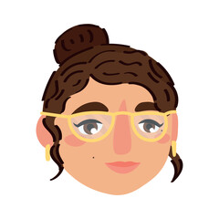 Head of young woman with eyeglasses on white background