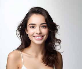 Naklejka premium liveliness as a woman in a camisole stands and smiles against a vibrant white background, exuding a lively and stylish demeanor. Generative AI.