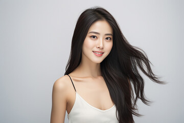 Fototapeta premium liveliness as a woman in a camisole stands and smiles against a vibrant white background, exuding a lively and stylish demeanor. Generative AI.