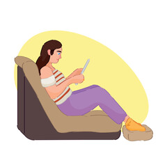 Young woman with modern tablet computer sitting in armchair on white background