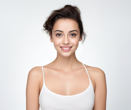liveliness as a woman in a camisole stands and smiles against a vibrant white background, exuding a lively and stylish demeanor. Generative AI.