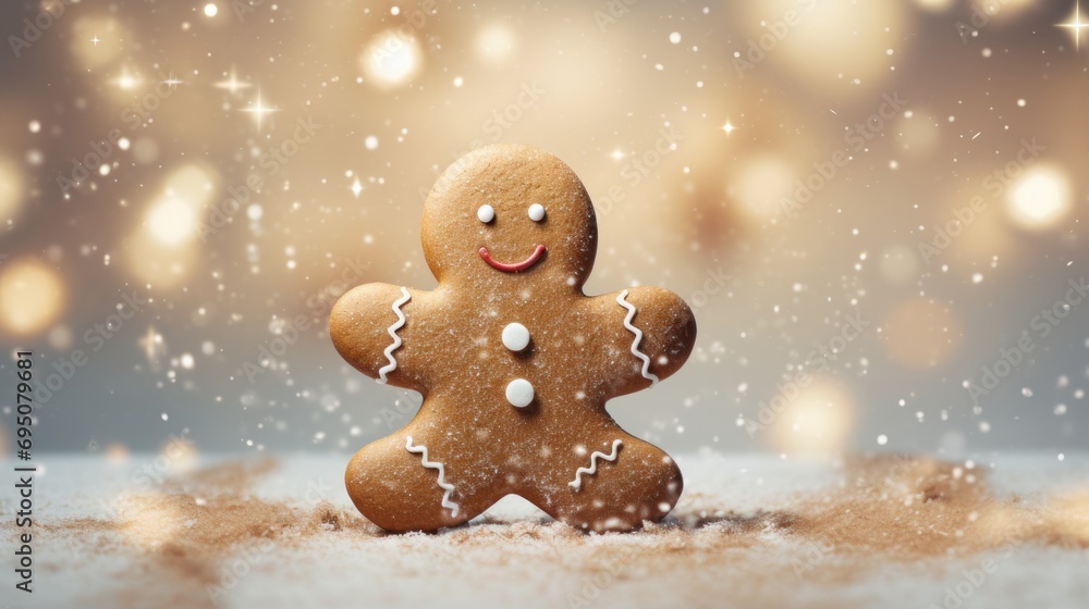 Poster a close up of a ginger with a smile on it's face and a snowflakes in the background.