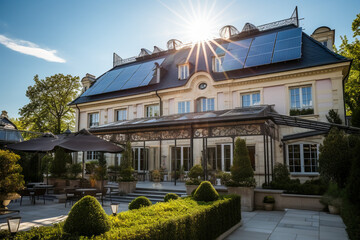 Beautiful house with solar panels on the roof under a bright sky. Sustainable and clean energy at a new eco friendly home.