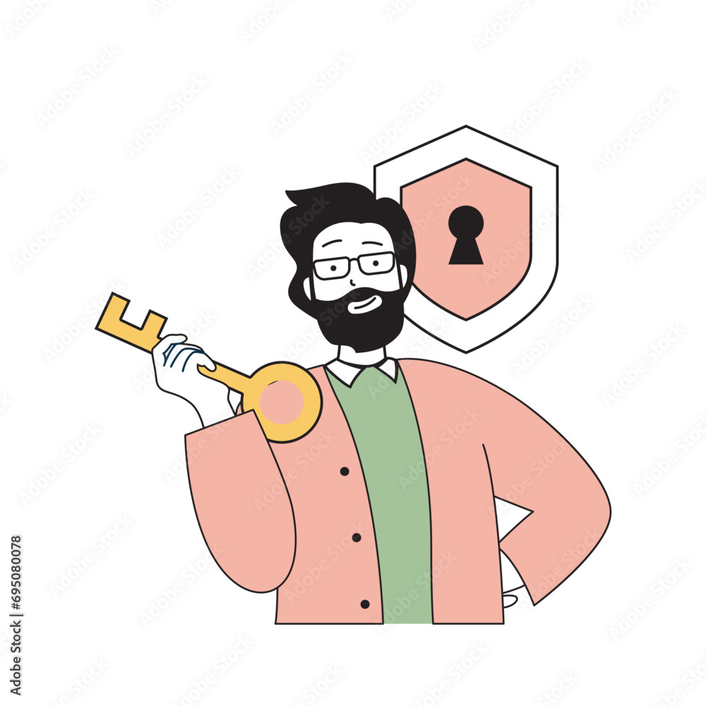 Poster insurance service concept with cartoon people in flat design for web. man holds safety key for keyho