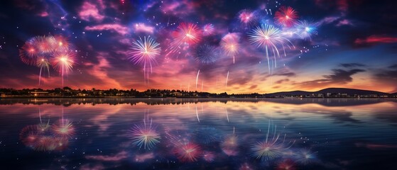 Fireworks with exciting reflections on a calm lake