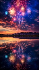 Fototapeta na wymiar Fireworks with exciting reflections on a calm lake