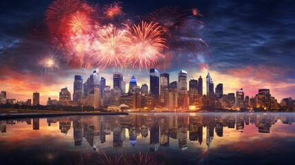 City skyline flare with fireworks lighting up the city night sky