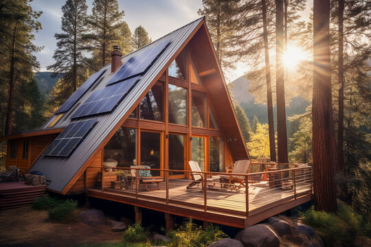 Beautiful house with solar panels on the roof under a bright sky. Sustainable and clean energy at a new eco friendly home.