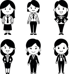 Vector cartoon business woman  flat black set


