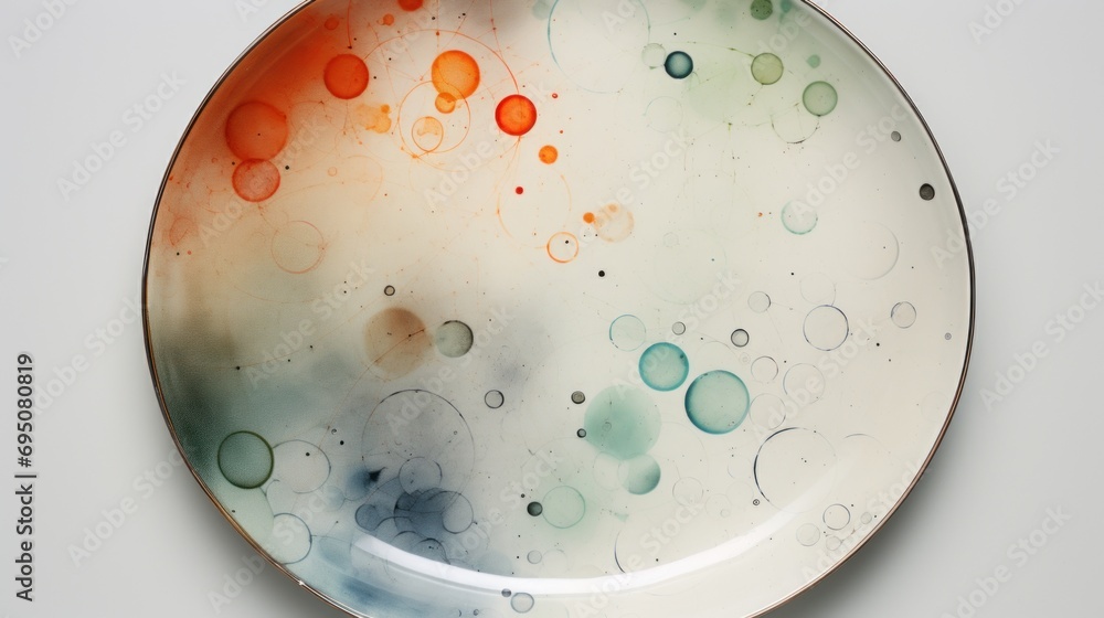 Poster a close up of a plate with a lot of bubbles on the bottom of the plate and a lot of bubbles on the b