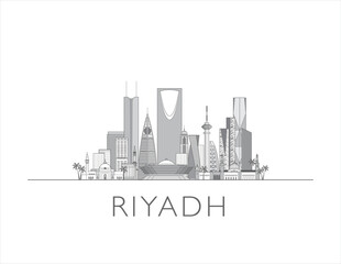 Riyadh, Saudi Arabia, cityscape line art style vector illustration in black and white