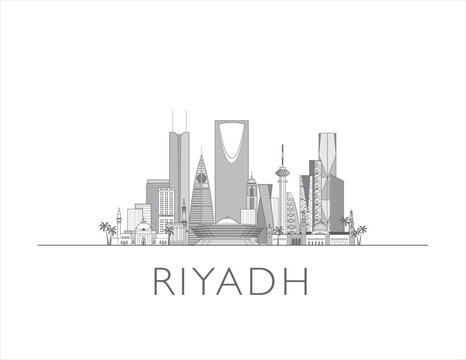 Riyadh, Saudi Arabia, cityscape line art style vector illustration in black and white