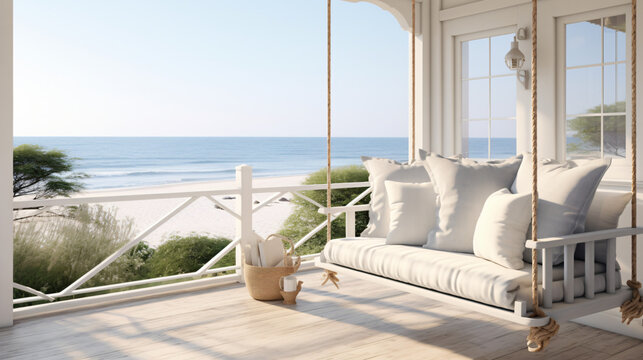 A porch with a swing chair and pillows on the front of beach