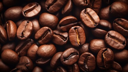 Fototapeta premium Coffee beans close-up. Texture of saturated coffee beans