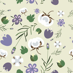 Floral pattern with lavanda and cotton. Transparent  background. You can use it for print on textile, warapping paper, tablecloths, other kitchen textille, pillows, bed sheets, eco bag, etc.