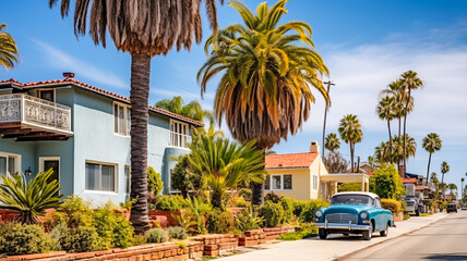 A picturesque street in a quaint California town featuring charming houses with a classic retro car...