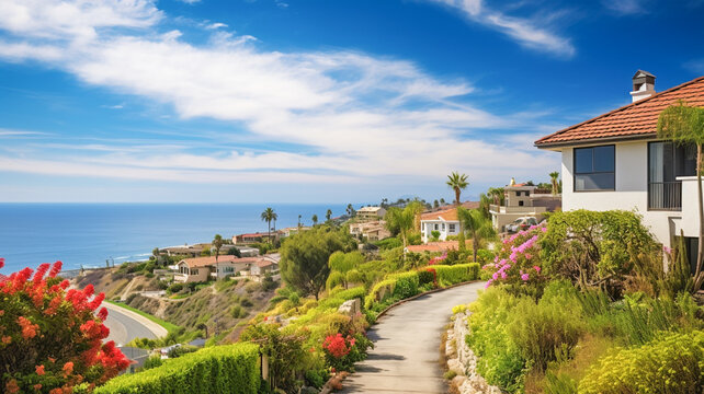 Houses with an ocean view, palm trees, and flowers in a beach town on a bright sunny day with ocean and blue sky in the background. AI-generated image