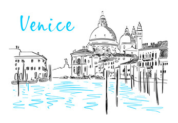 Silhouette of the skyline and architecture of Venice with a gondola on the water. Vector hand drawn illustration © Oleg