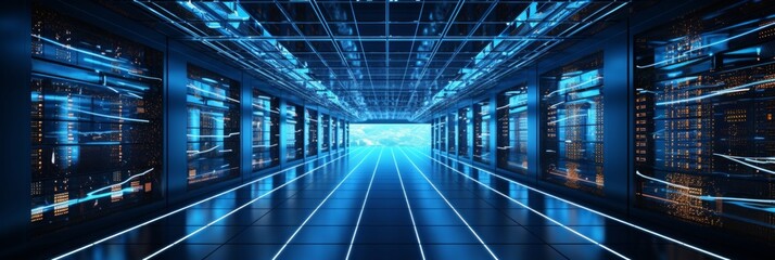 Data center server room. Modern neon server room