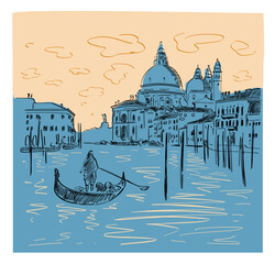 Silhouette of the skyline and architecture of Venice with a gondola on the water. Vector hand drawn illustration - obrazy, fototapety, plakaty