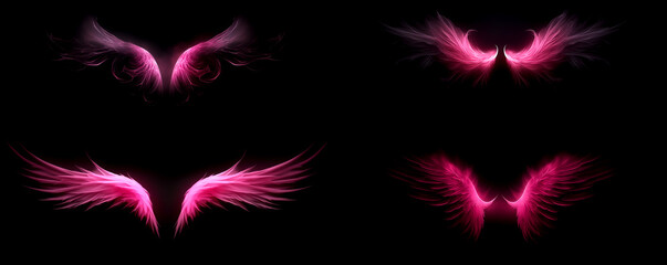 set of glowing fractal fantasy pink wings isolated against a black background