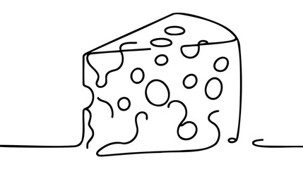 Piece of cheese with holes in one line drawing style. Dairy, milk products. Hand drawn vector illustration