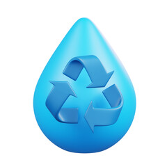 Blue water drop with recycle symbol isolated. World water day icon concept. 3D Render cartoon style.