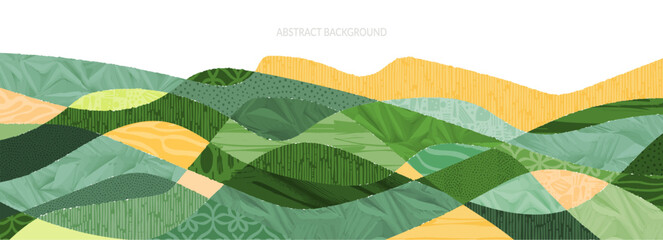 Green abstract rice field top view texture vector background. Nature pattern, eco illustration, countryside banner design. Agriculture horizontal landscape, ecological header layout, rural panorama - obrazy, fototapety, plakaty