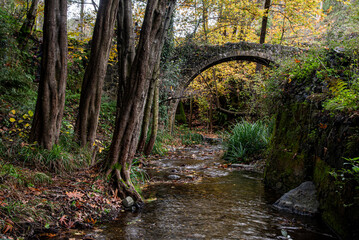 Medieval stoned bridge with water flowing and foliage in the river in autumn.