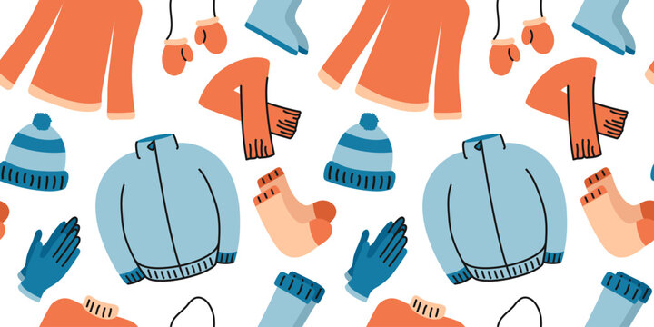 Pattern of warm winter clothes. Jacket and knitted sweater. Scarf, hat. Gloves and mittens. Socks, rubber boots. Outerwear. Wardrobe elements. Color image, outline - orange, blue. Vector illustration