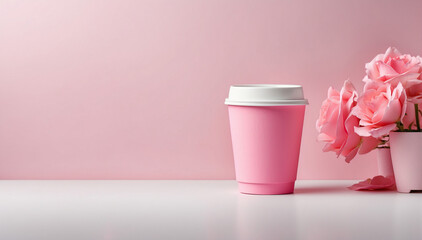 Pink coffee paper cup horizontal mock up