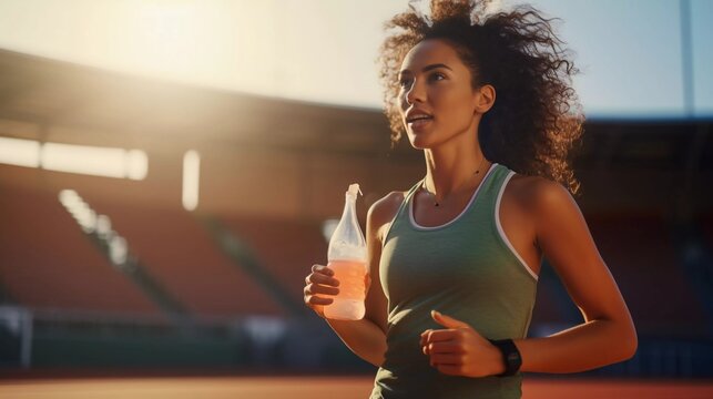 photo of a latin female athlete running on the track while holding a drinking bottle in her hand, sweating while exercising, blurred stadium background