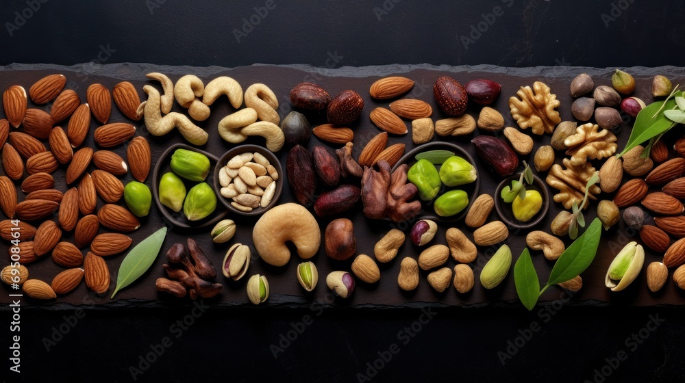 Aufkleber a variety of nuts and nutshells arranged in a rectangle on top of a piece of black paper.