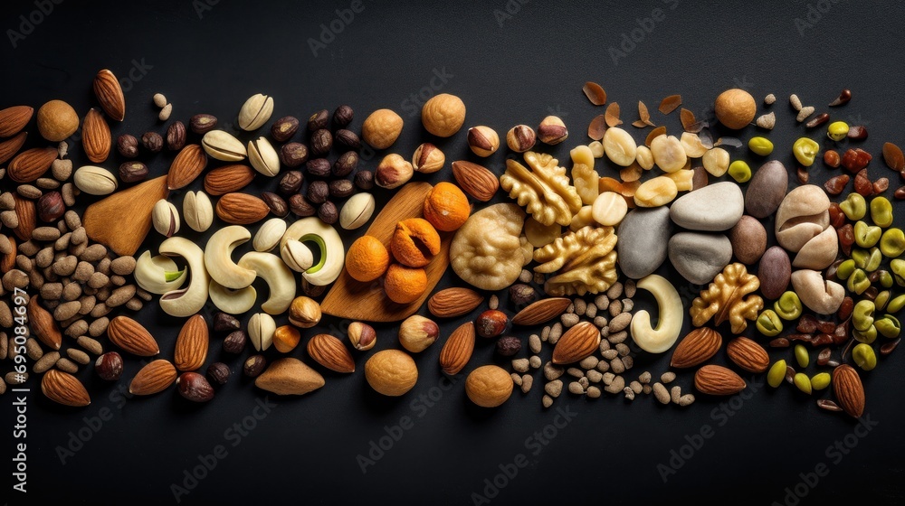 Poster a variety of nuts and nutshells arranged in the shape of a rectangle on a black surface with a black