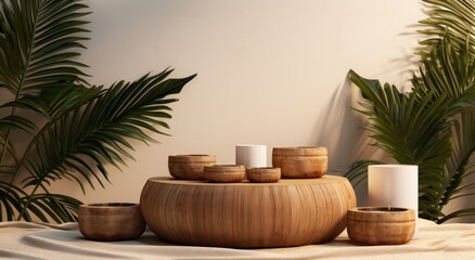 image of wooden pot with coconuts next to bamboo stalks