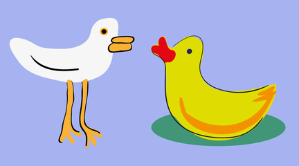 gull and yellow rubber duck with red nose in flat style.duck toy on the water in vector. image for poster sticker postcard print