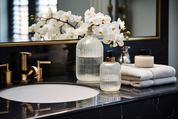 a bathroom has an orchid and glass bottles in front of a mirror