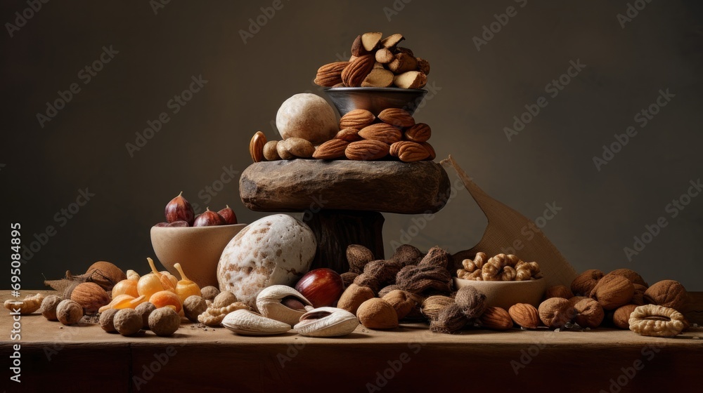 Poster a pile of assorted nuts sitting on top of a table next to a bowl of fruit and a bowl of nuts.