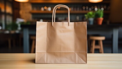 a brown paper shopping bag that is on the wooden table
