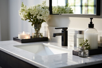 Fototapeta premium a bathroom with a white bathroom sink, soap dispenser, and mirror