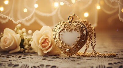 A picturesque scene with a golden heart-shaped locket placed on a vintage lace doily.  - obrazy, fototapety, plakaty