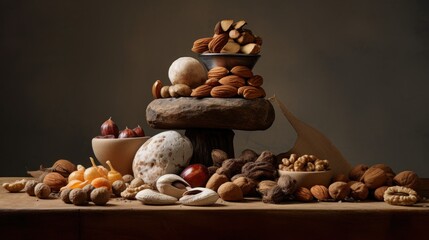  a pile of assorted nuts sitting on top of a table next to a bowl of fruit and a bowl of nuts. - obrazy, fototapety, plakaty
