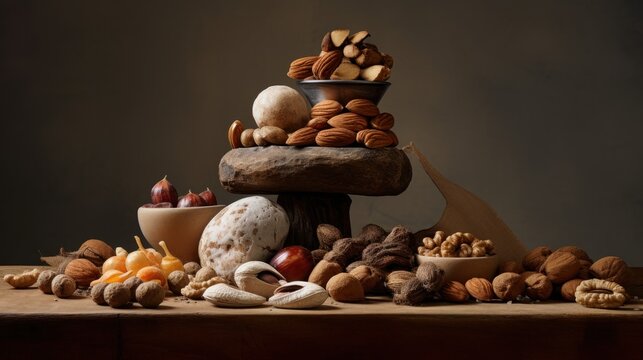  a pile of assorted nuts sitting on top of a table next to a bowl of fruit and a bowl of nuts.