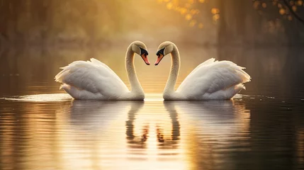Fototapeten Enchanting Valentine's background with a pair of golden swans gracefully swimming on a tranquil and reflective lake.  © Dannchez
