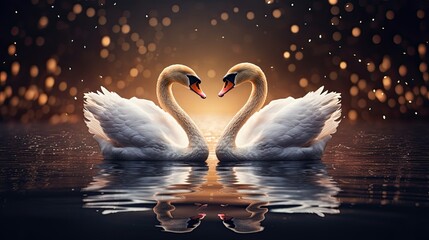 Enchanting Valentine's background with a pair of golden swans gracefully swimming on a tranquil and reflective lake.  - obrazy, fototapety, plakaty