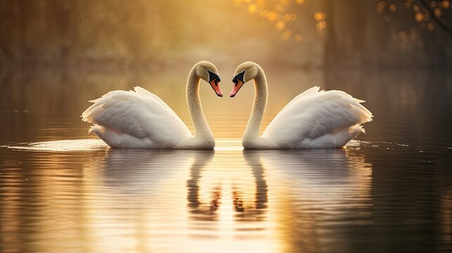 Enchanting Valentine's background with a pair of golden swans gracefully swimming on a tranquil and reflective lake. 