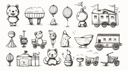 A set of children toys drawn with a pen Vector