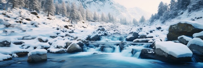 River on majestic mountains in winter