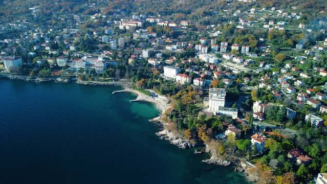 Lovran, aerial view, seaside, bay, hotels, Croatia