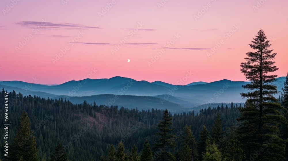 Wall mural Pastel glow over forested mountains